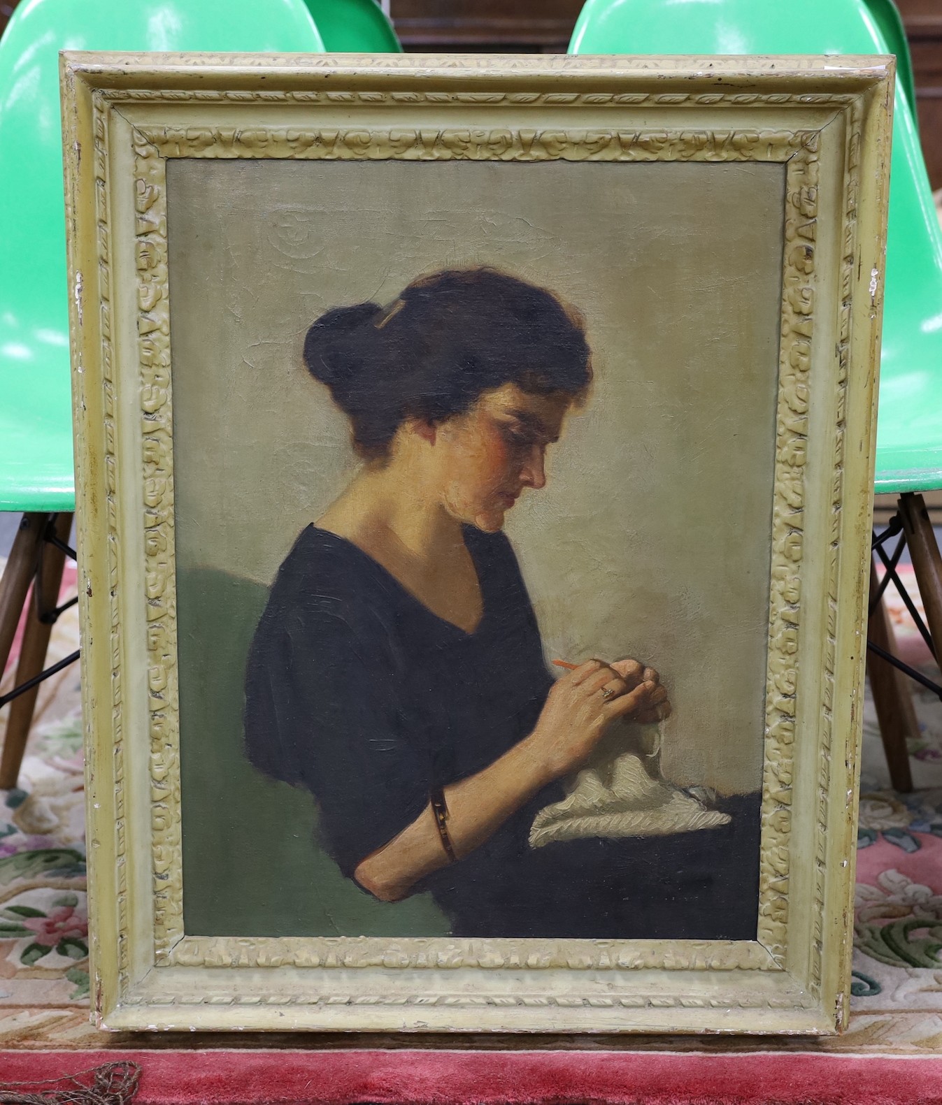 Salomon van Abbé (Dutch 1883-1955), oil on canvas, Portrait of a woman knitting, inscribed verso, 59 x 45 cm